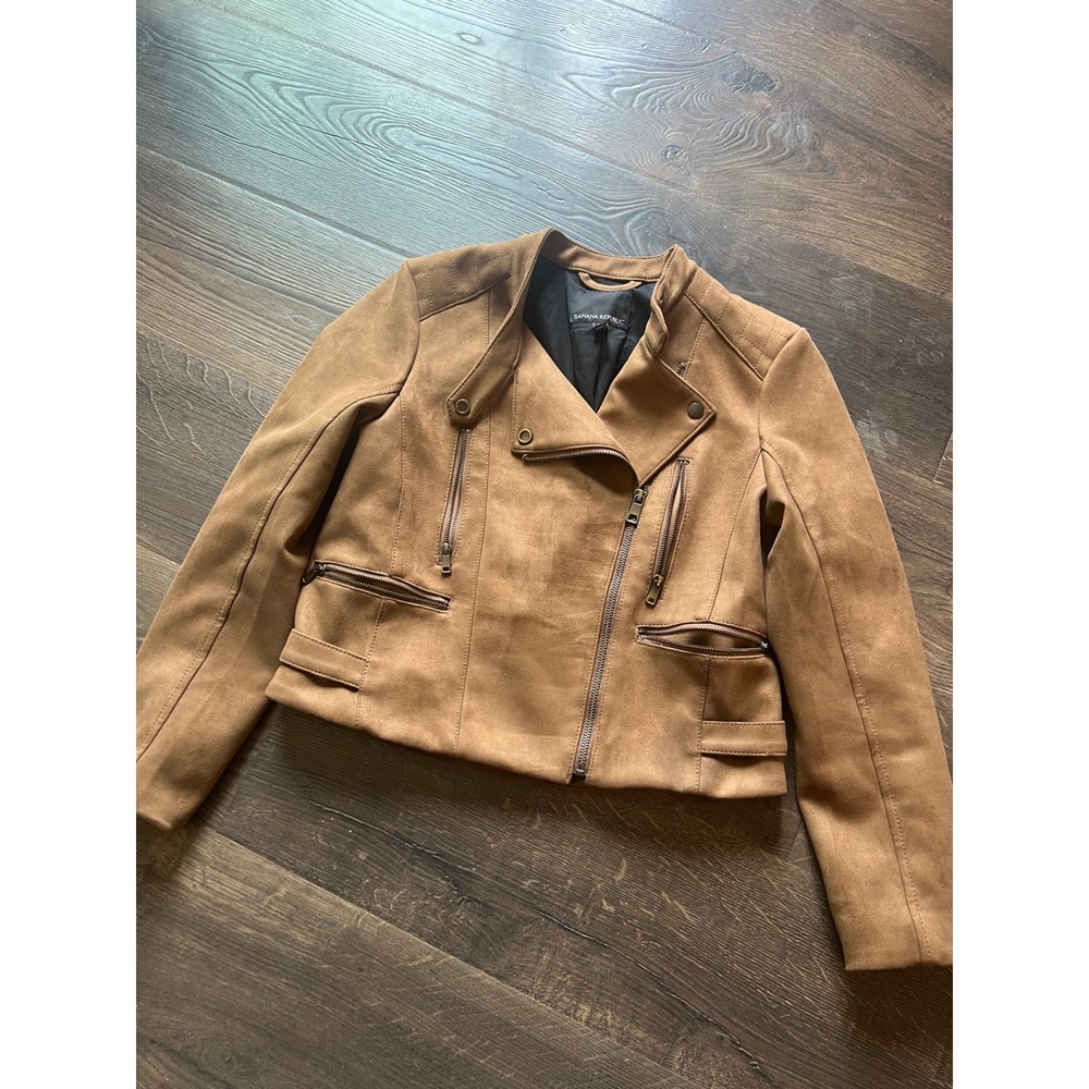 Banana Republic Womens Petite Medium Brown Faux Suede Moto Jacket Asymmetric Zip